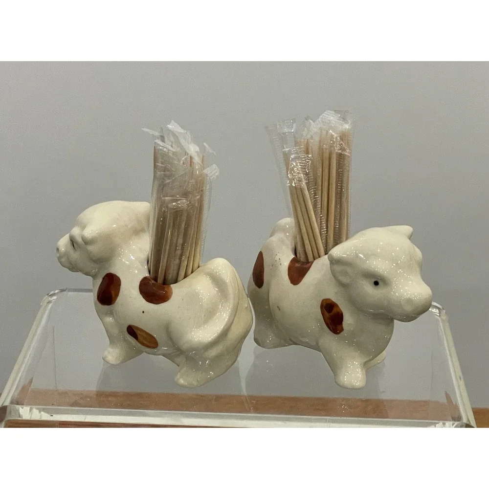 Cow Toothpick Holder Ceramic Vintage Set of 2 White Brown 3.25